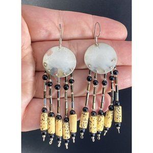 SOOZ Sterling Jasper Black Onyx Earrings Dangle Hook 5 Row Southwestern Signed